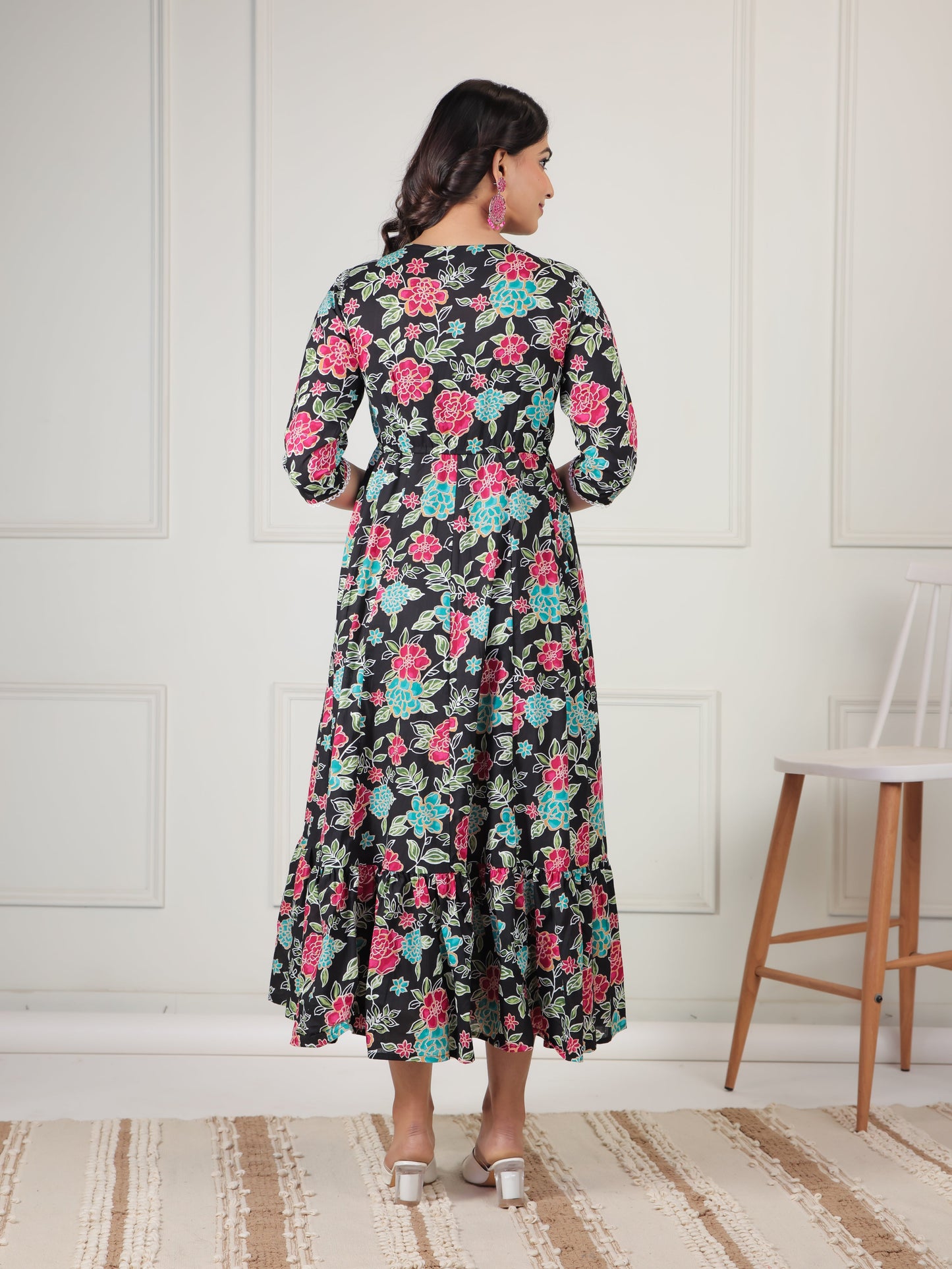 Soft Cotton Floral Tiered Black Dress
