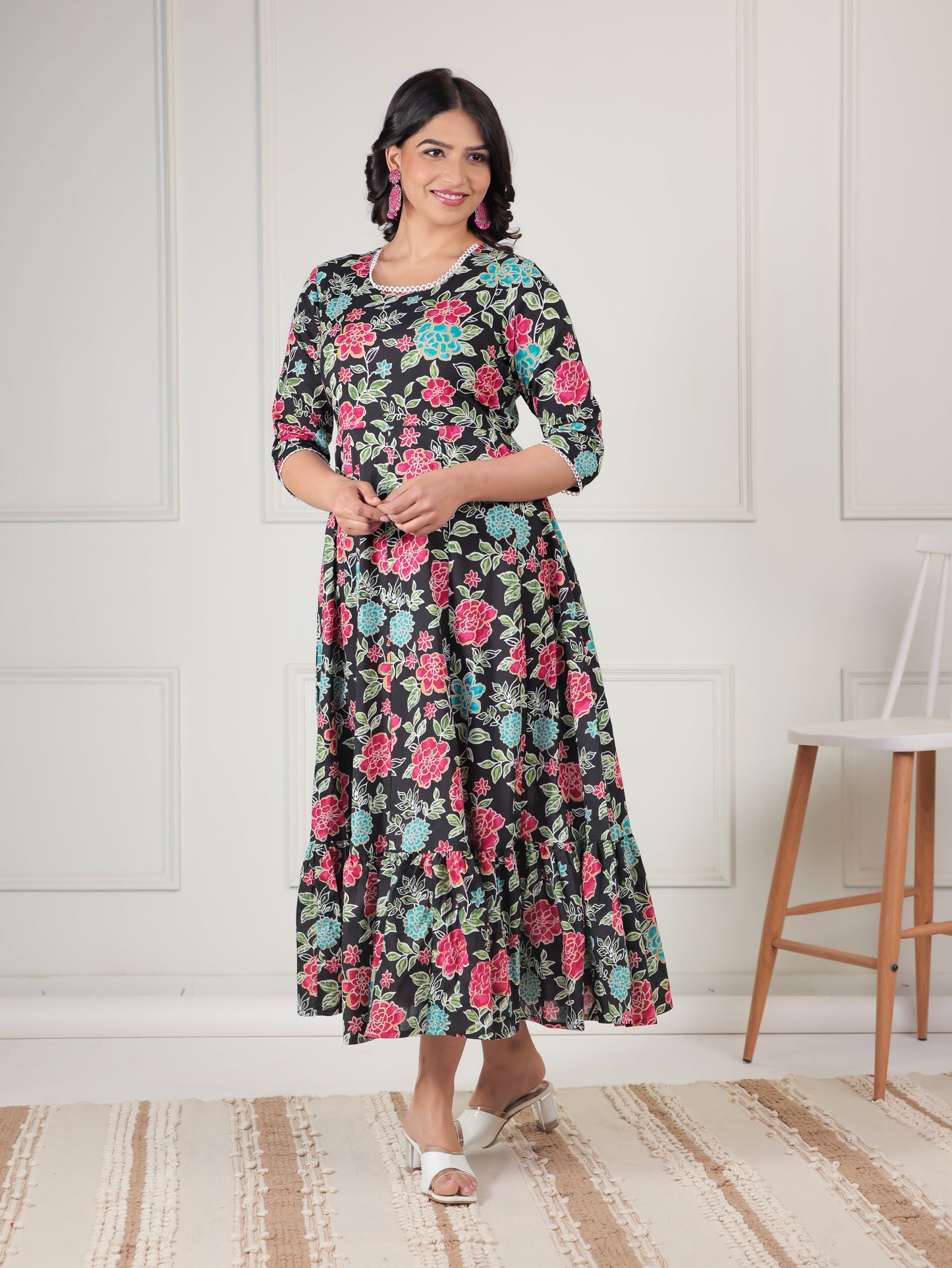 Soft Cotton Floral Tiered Black Dress