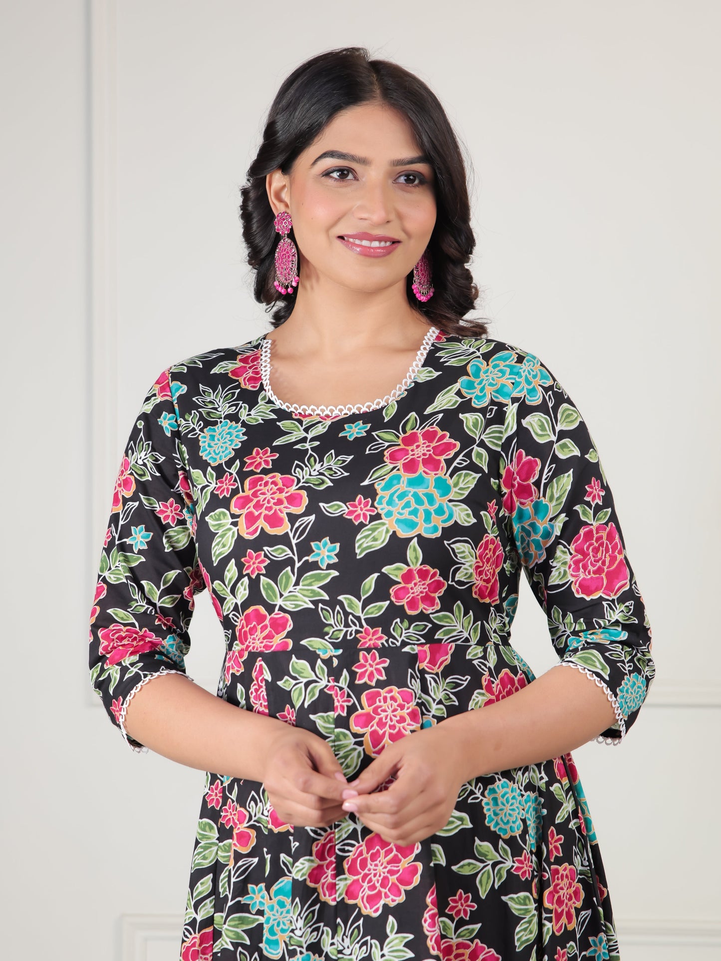 Soft Cotton Floral Tiered Black Dress