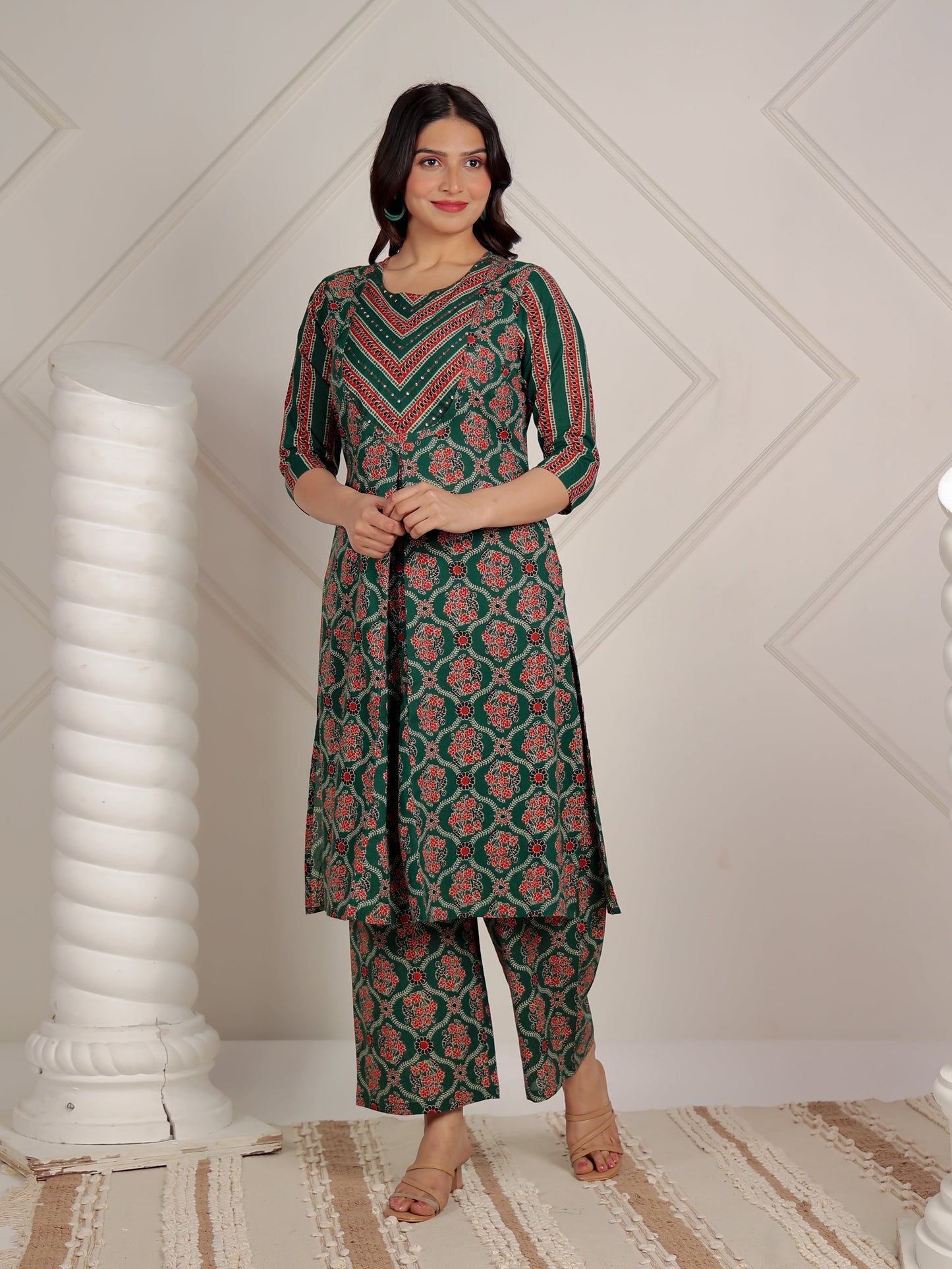 Embroidered Soft Cotton Floral A-line Green Kurta