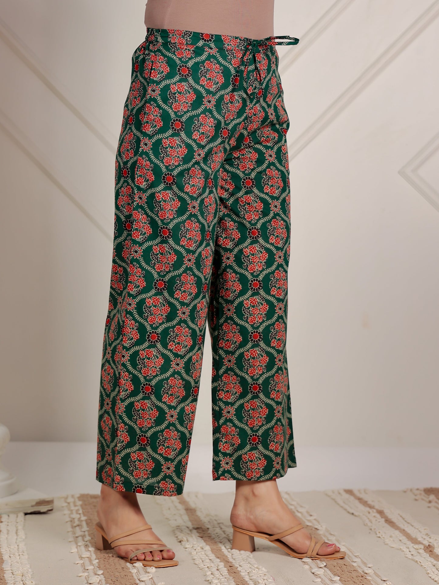 Embroidered Soft Cotton Floral A-line Green Kurta