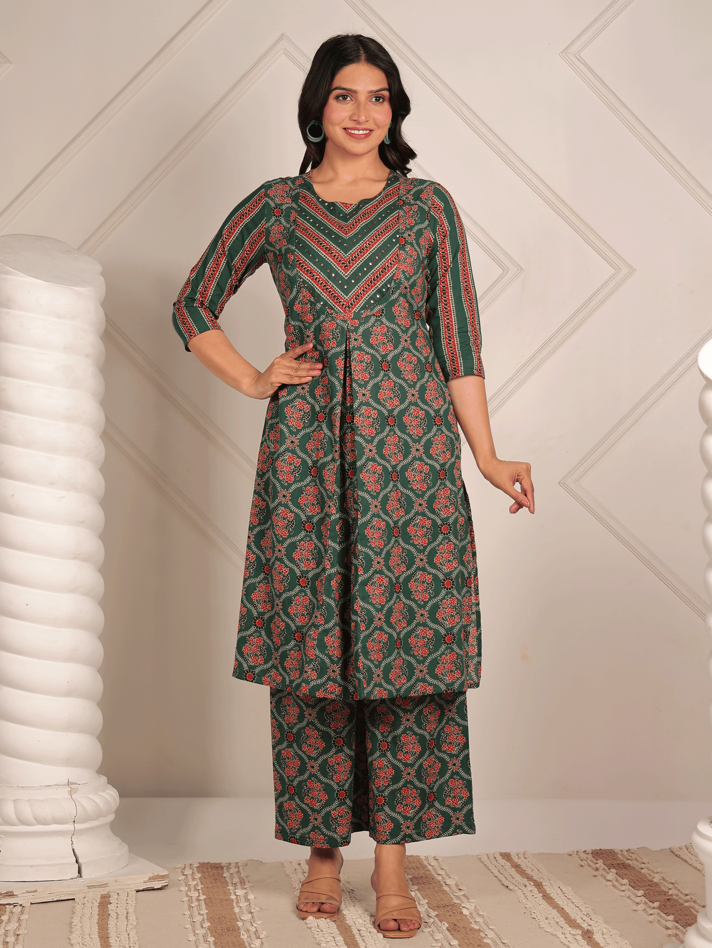 Embroidered Soft Cotton Floral A-line Green Kurta