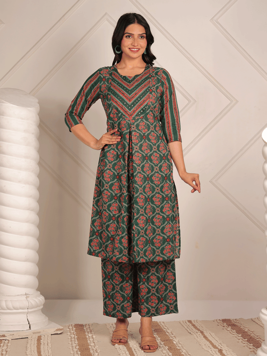 Embroidered Soft Cotton Floral A-line Green Kurta