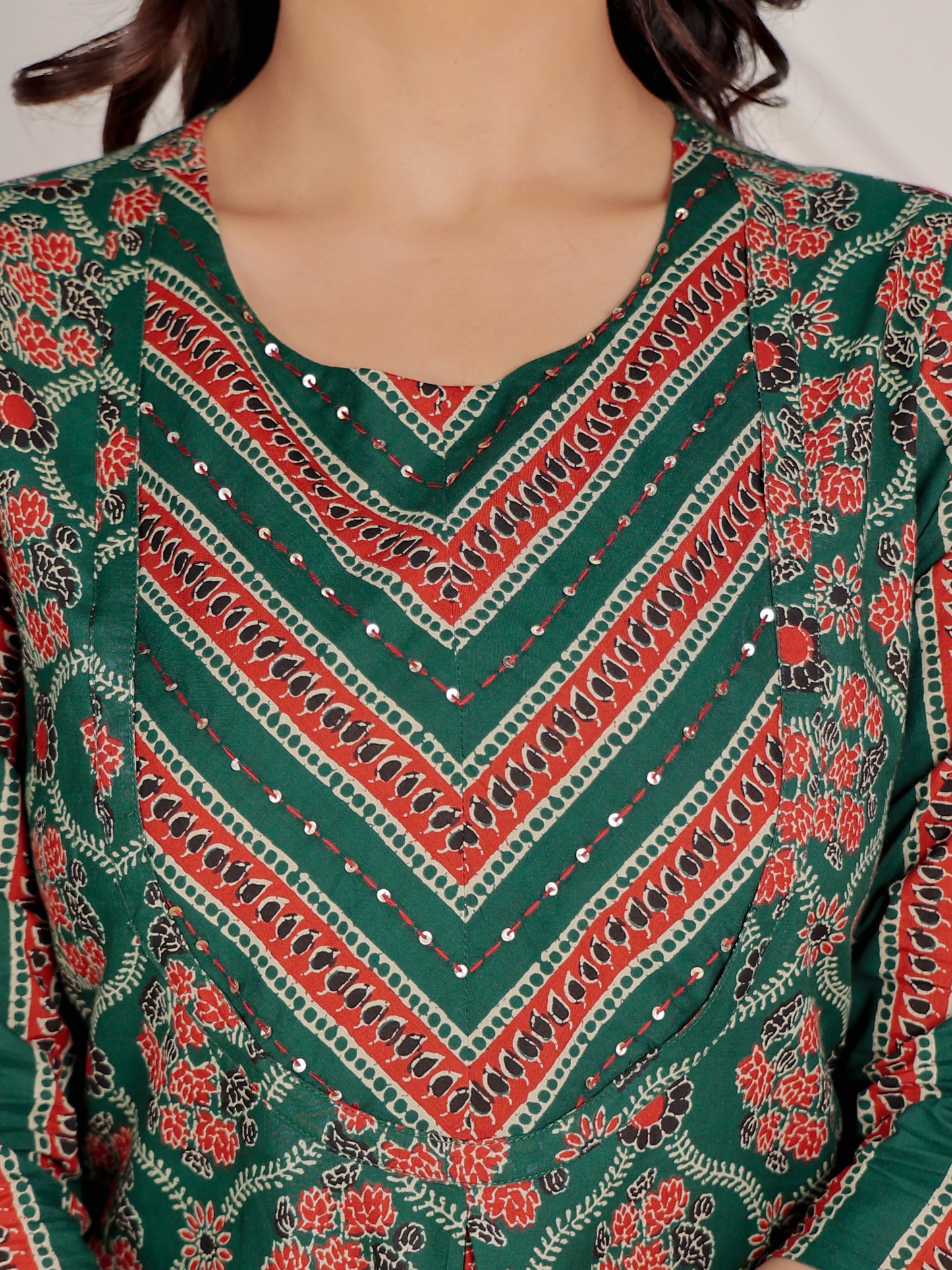Embroidered Soft Cotton Floral A-line Green Kurta