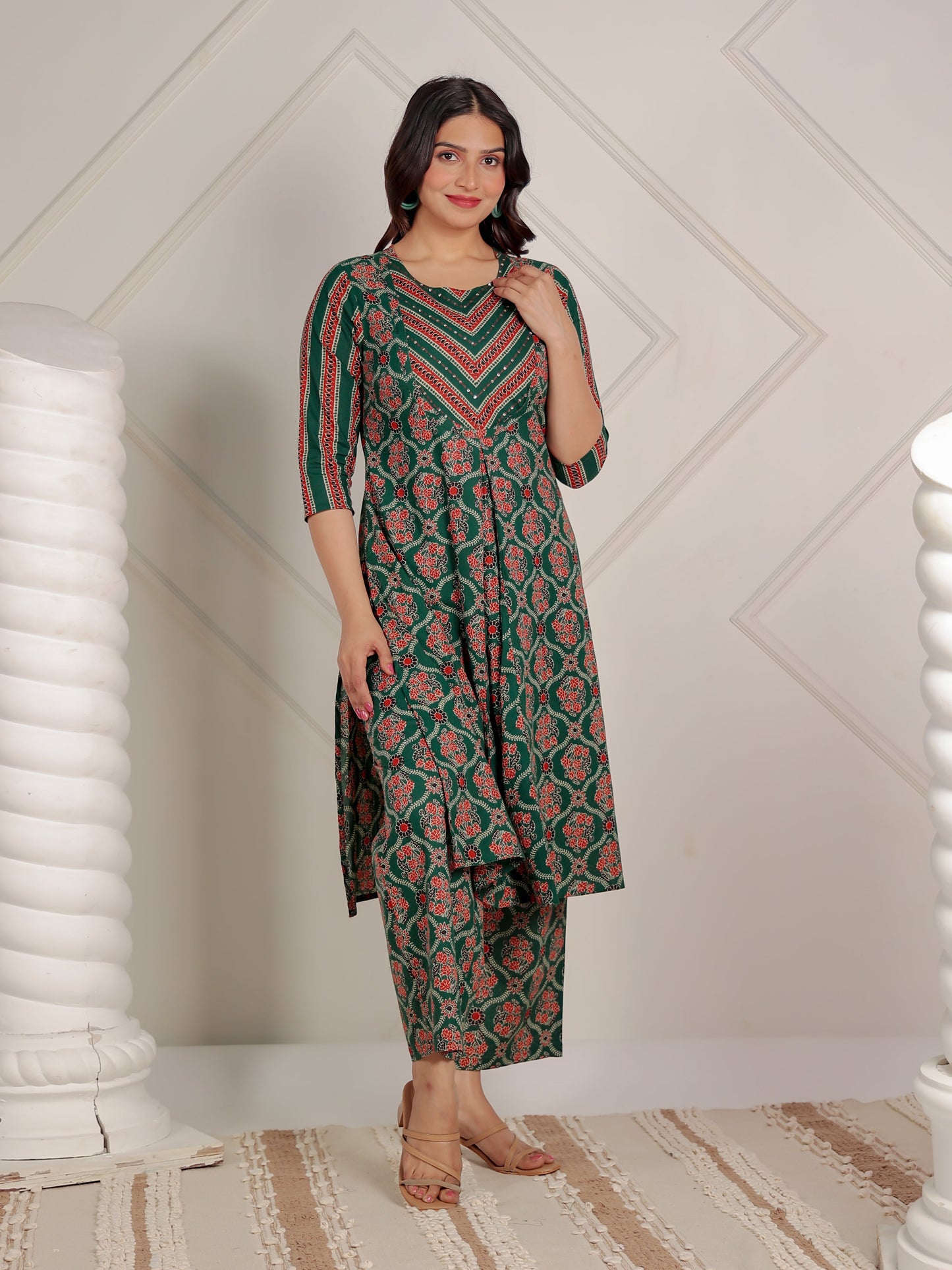 Embroidered Soft Cotton Floral A-line Green Kurta