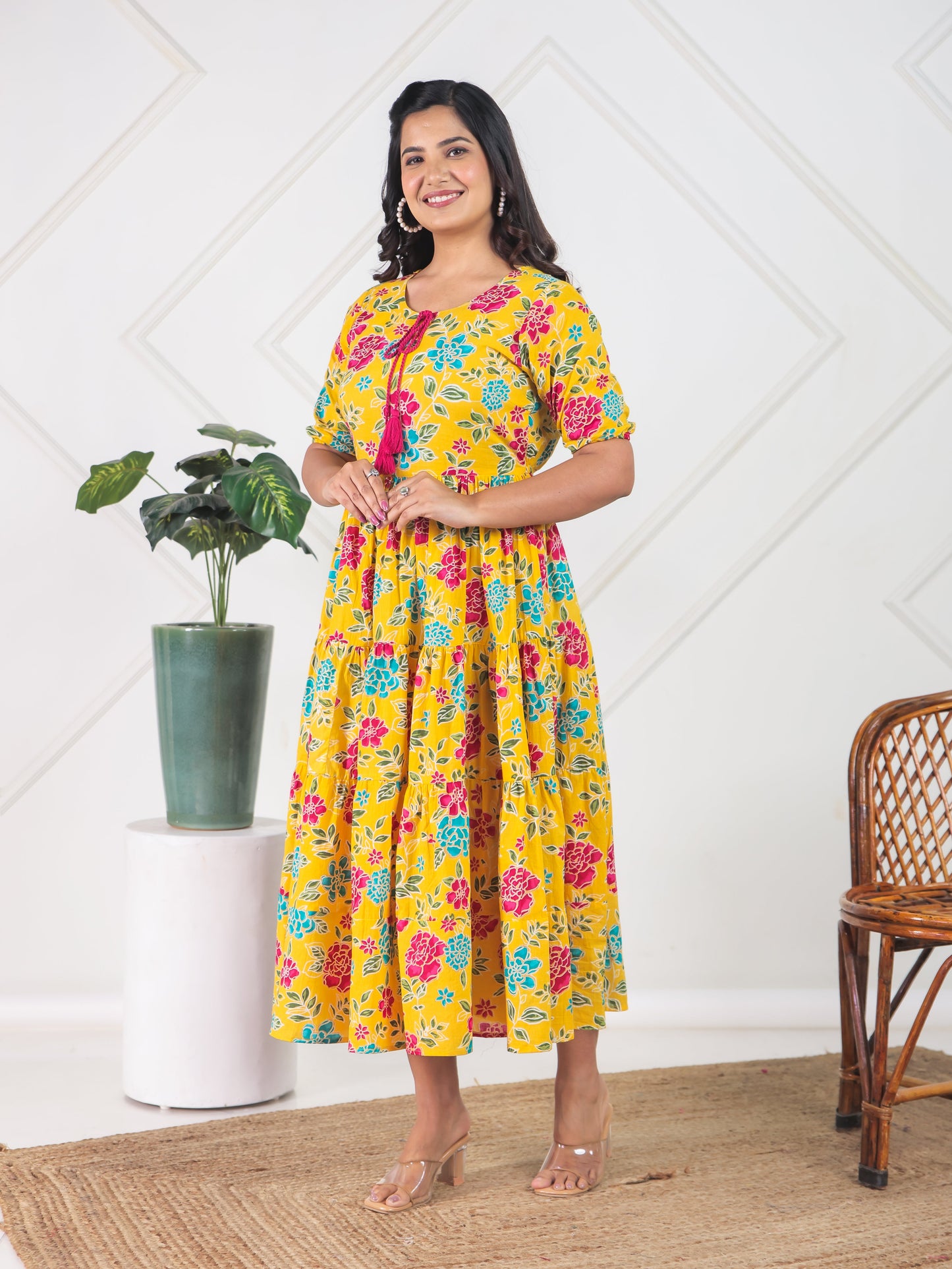 Soft Cotton Floral Flared Yellow Dress