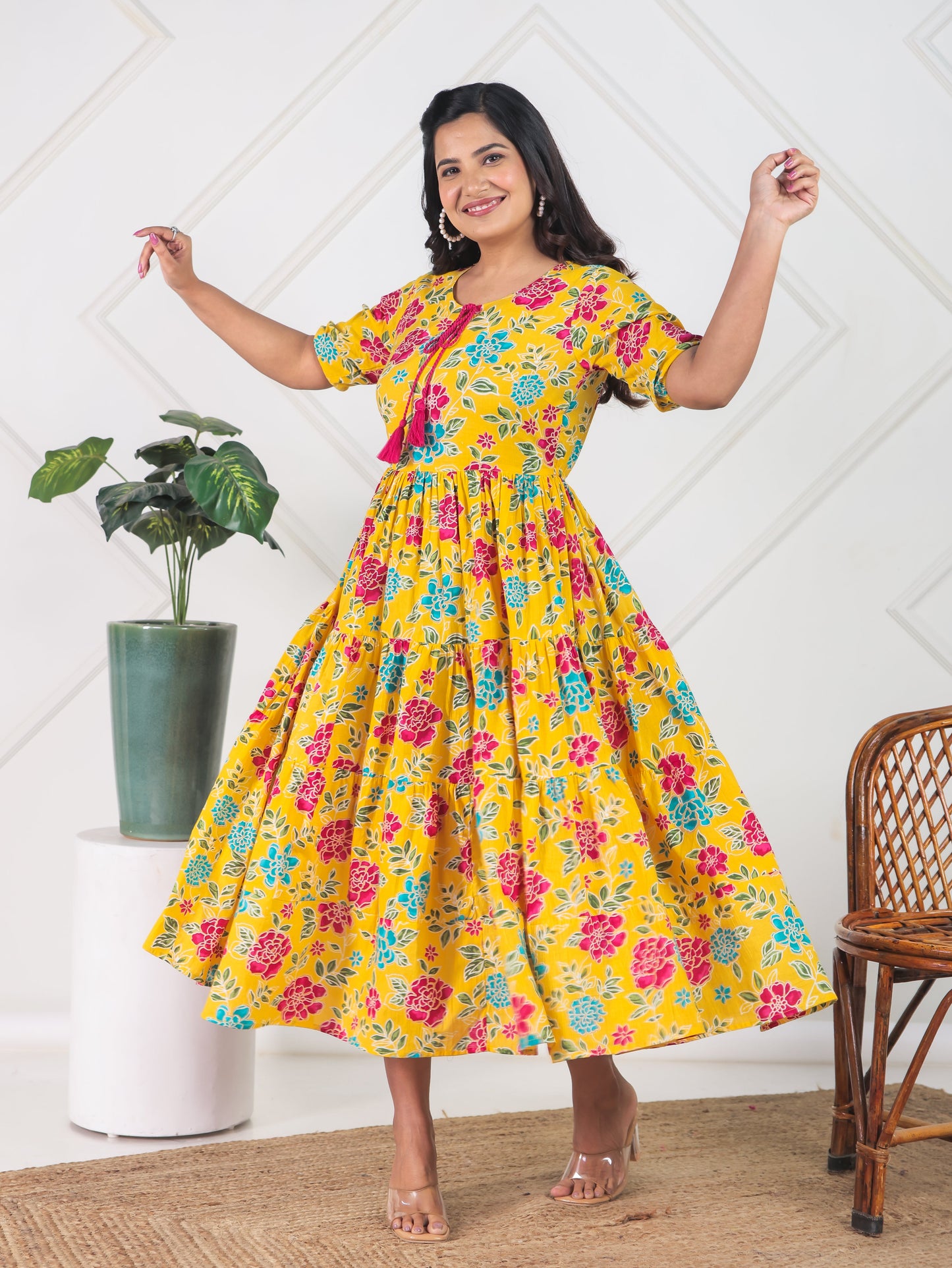 Soft Cotton Floral Flared Yellow Dress