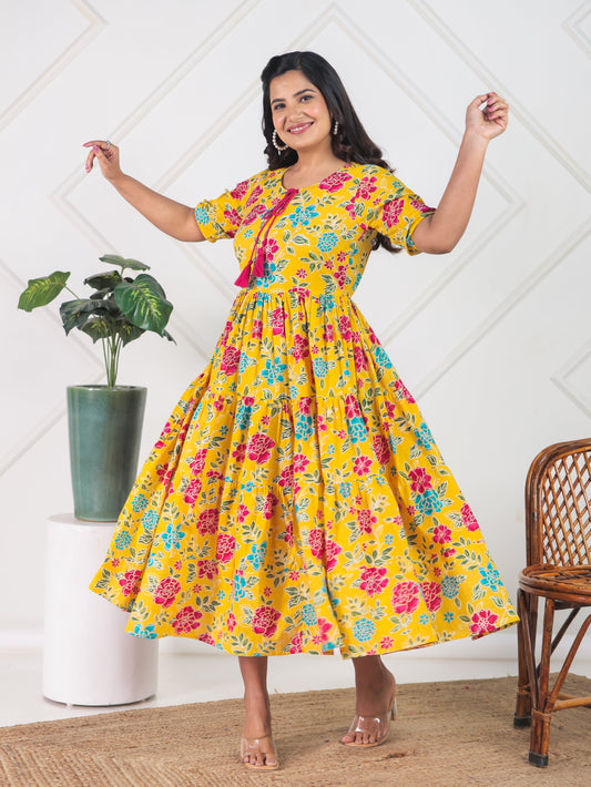 Soft Cotton Floral Flared Yellow Dress