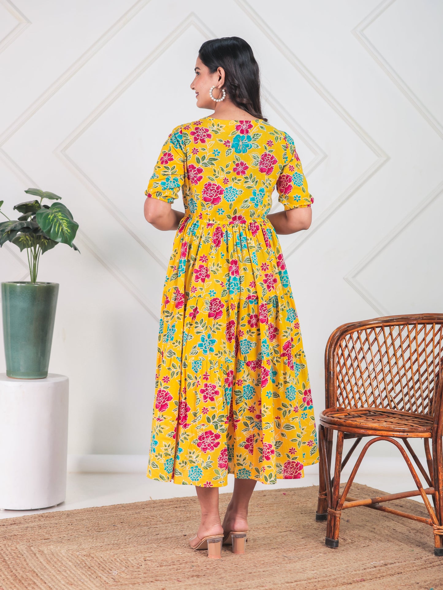 Soft Cotton Floral Flared Yellow Dress