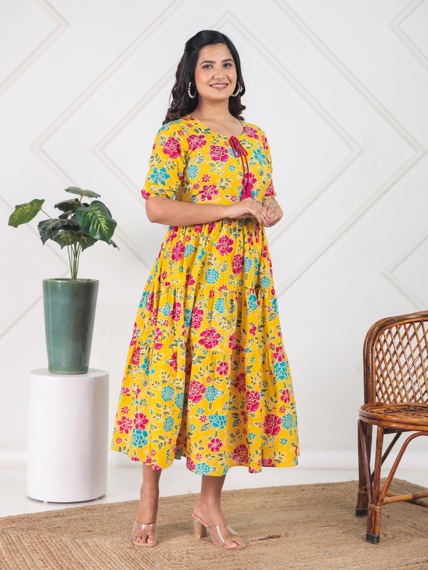 Soft Cotton Floral Flared Yellow Dress