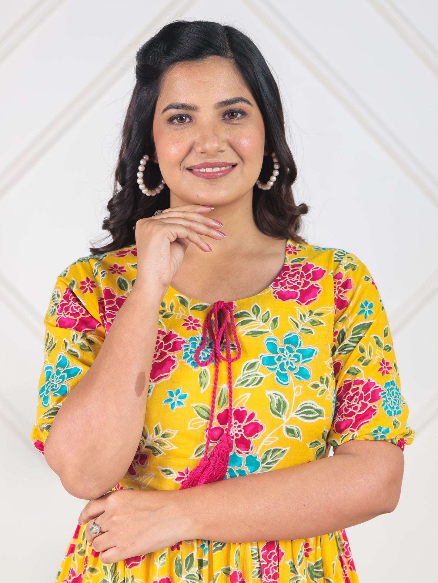 Soft Cotton Floral Flared Yellow Dress