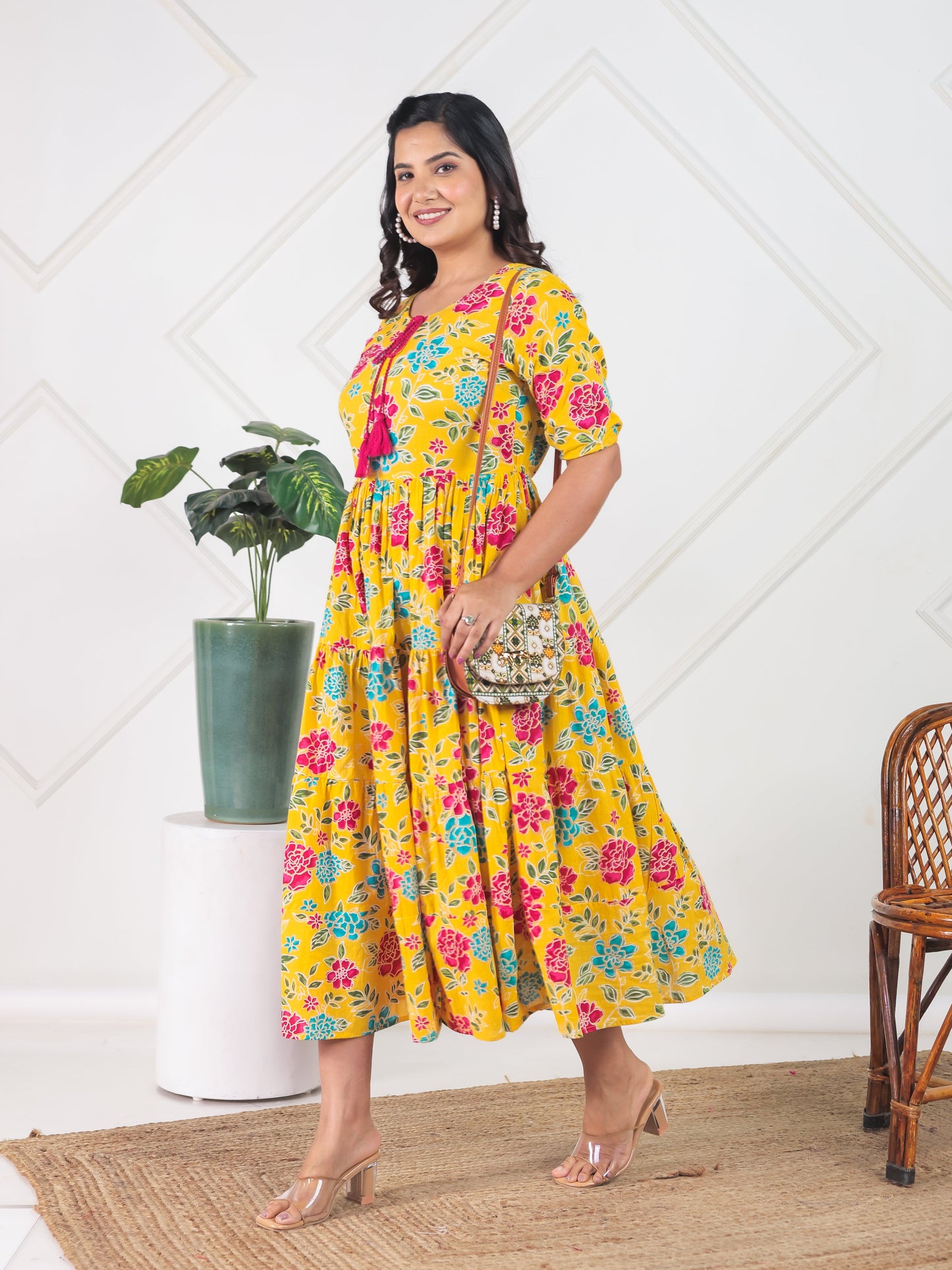 Soft Cotton Floral Flared Yellow Dress