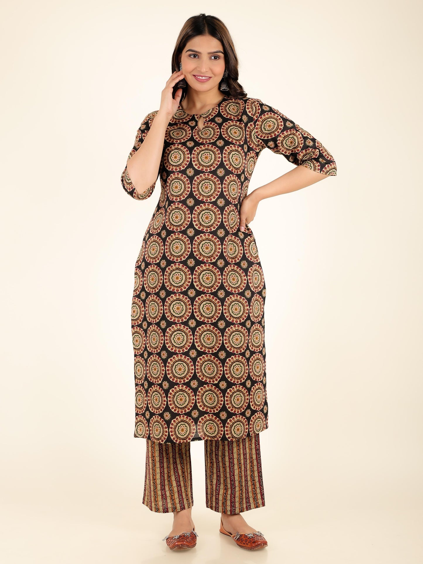 Soft Cotton Geometric Straight Black Kurta