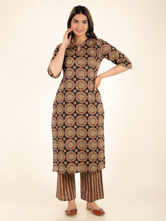 Soft Cotton Geometric Straight Black Kurta