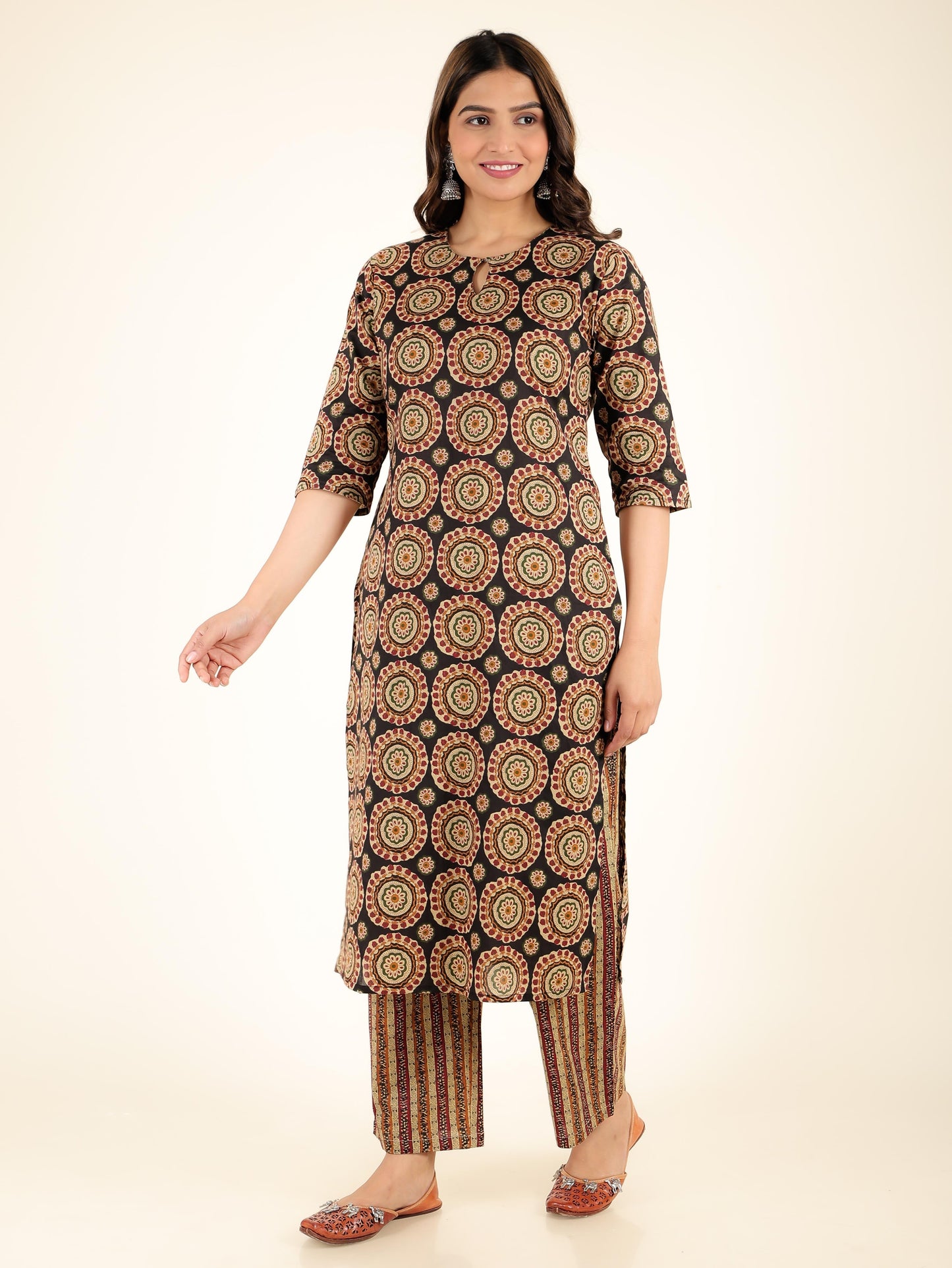 Soft Cotton Geometric Straight Black Kurta