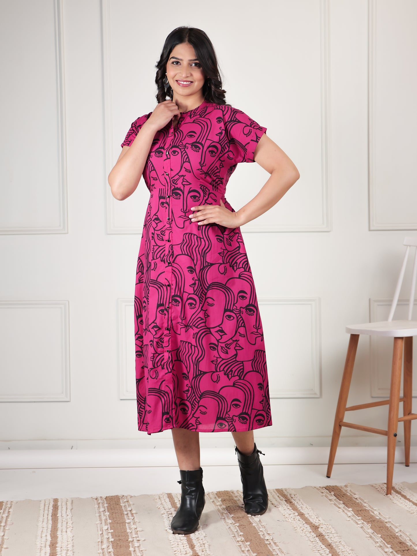 Soft Cotton Abstract A-line Pink Dress