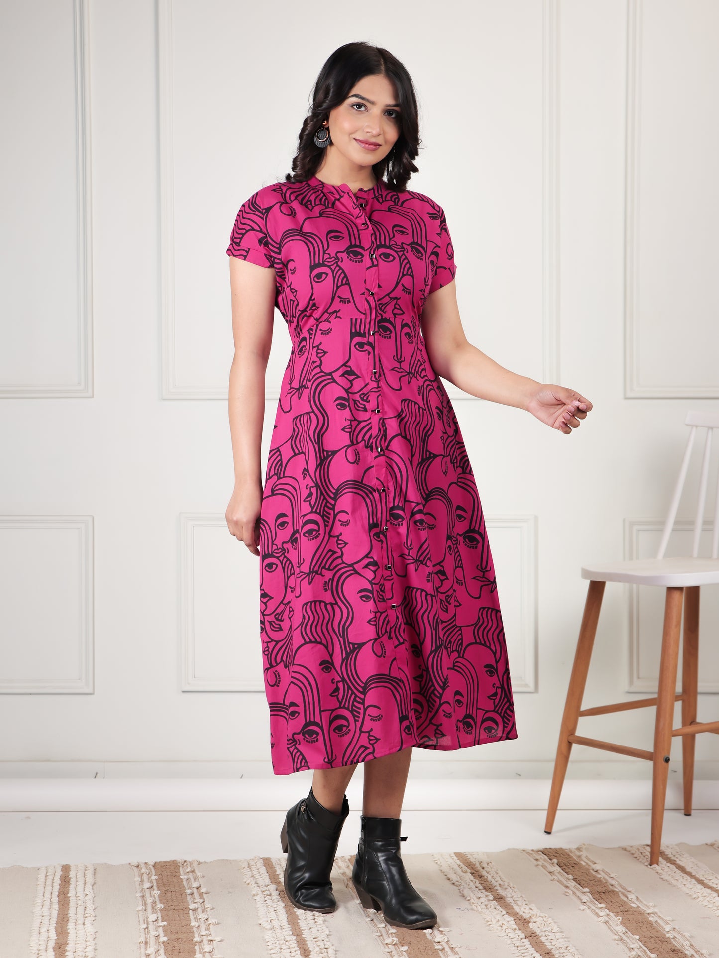 Soft Cotton Abstract A-line Pink Dress