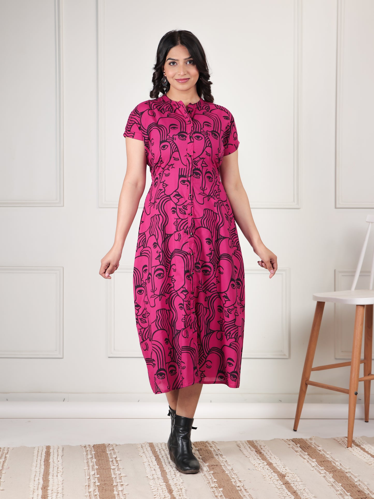 Soft Cotton Abstract A-line Pink Dress