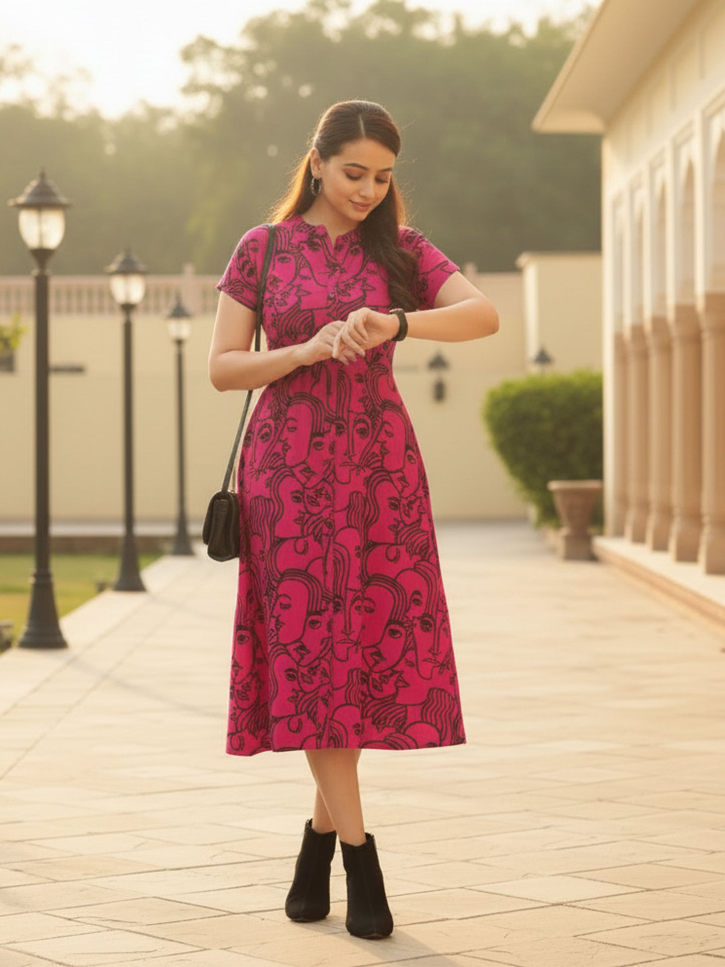 Soft Cotton Abstract A-line Pink Dress