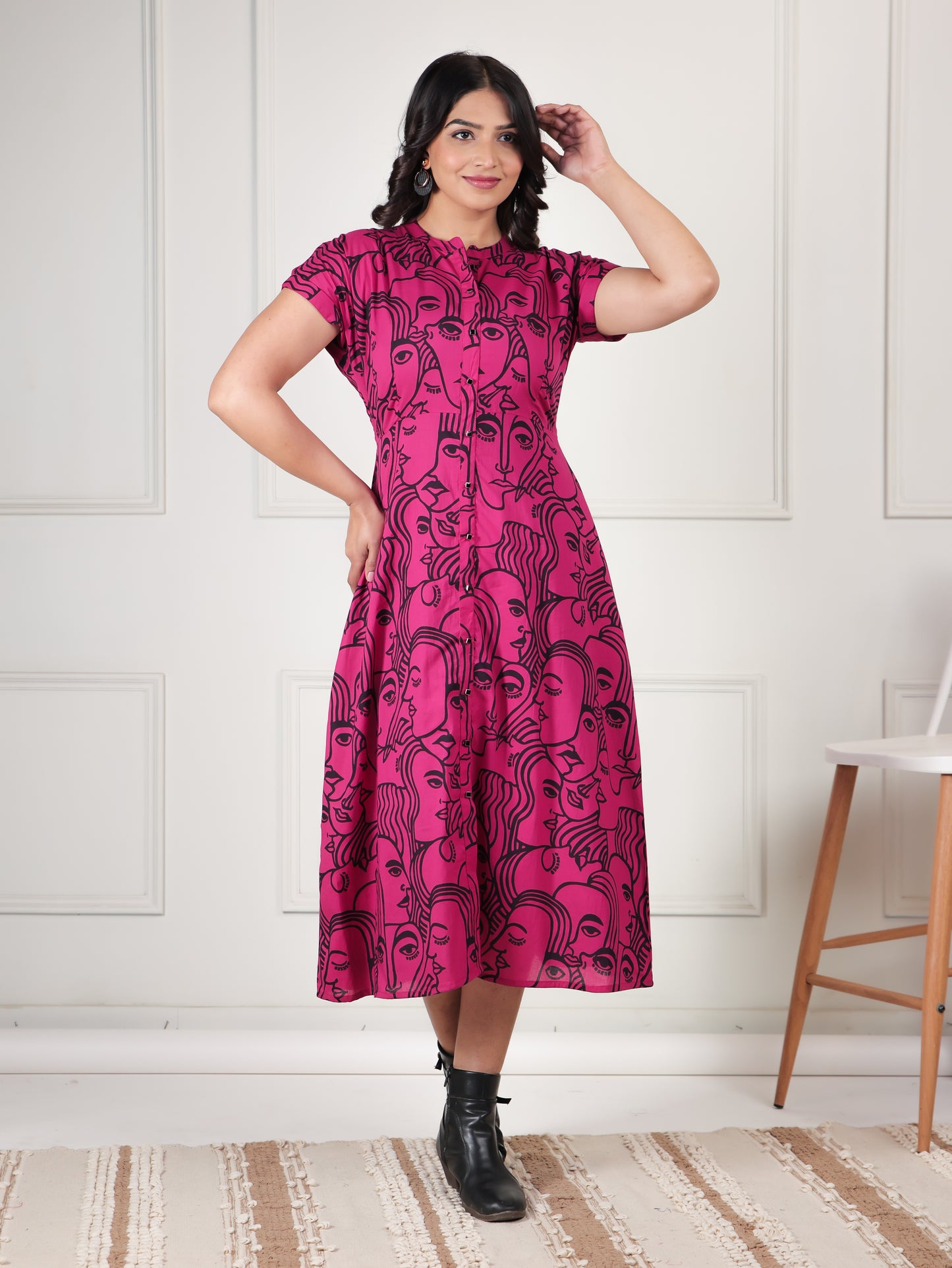 Soft Cotton Abstract A-line Pink Dress