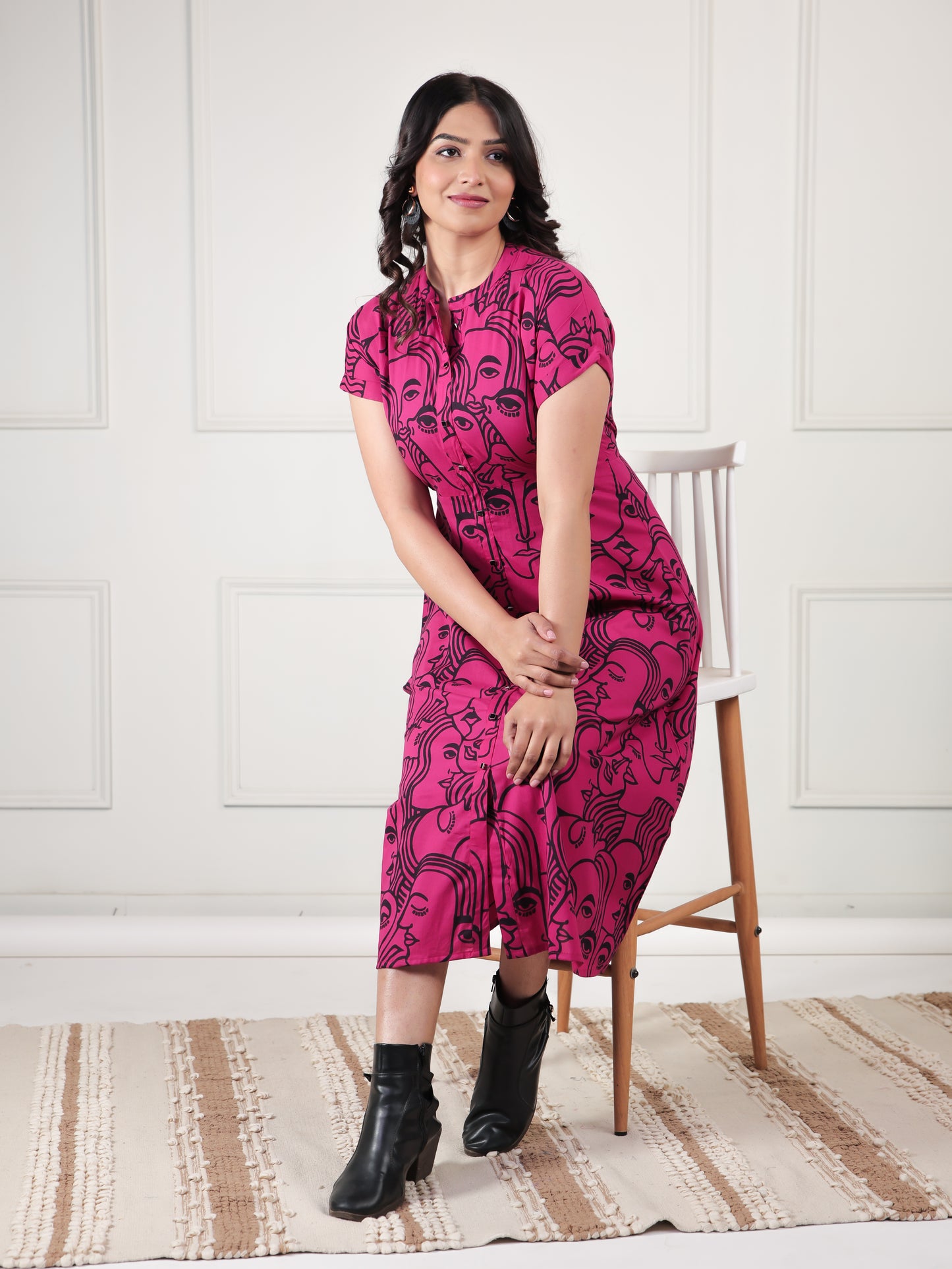 Soft Cotton Abstract A-line Pink Dress