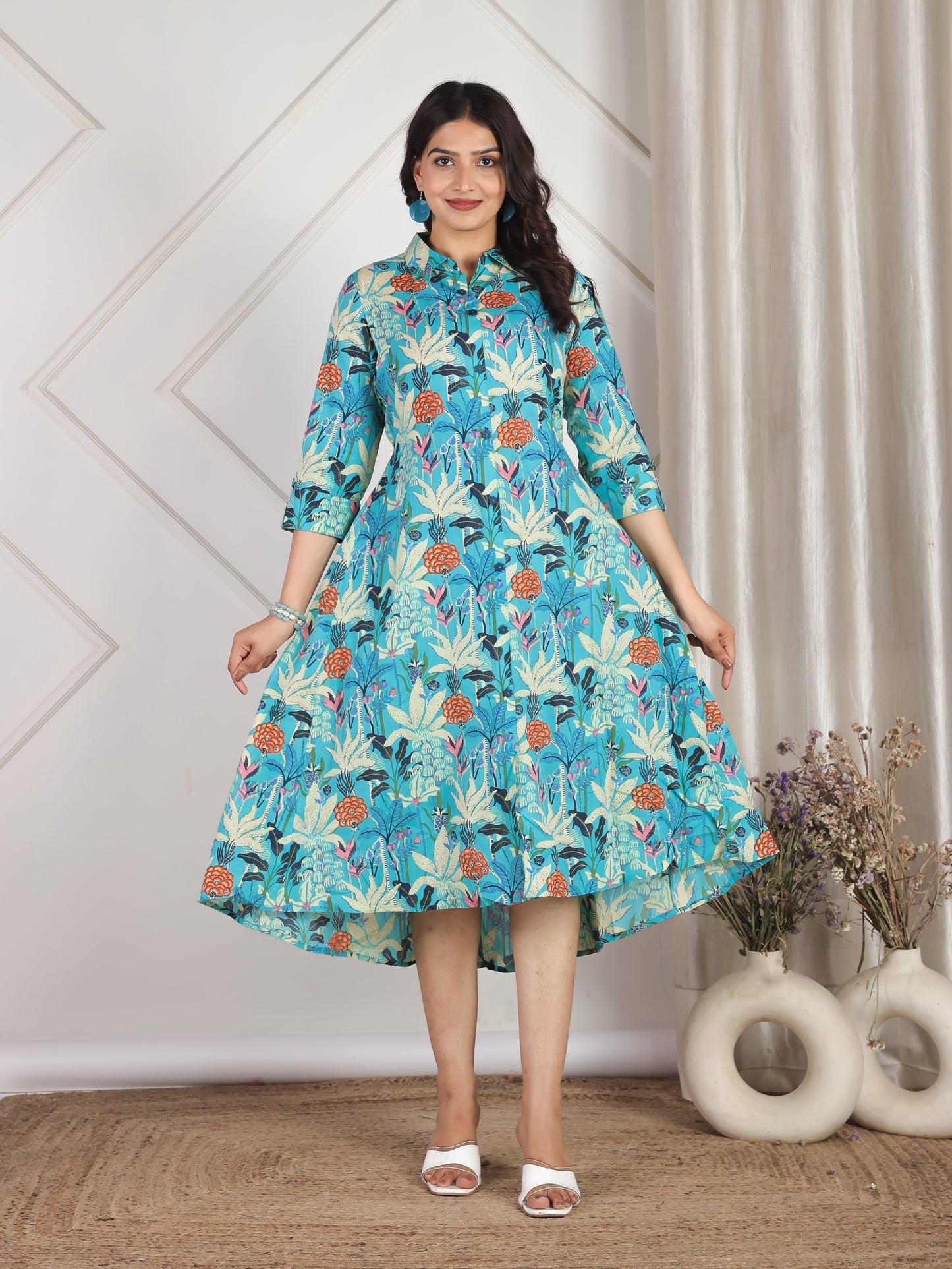 Soft Cotton Foliage Flared Turquoise Dress