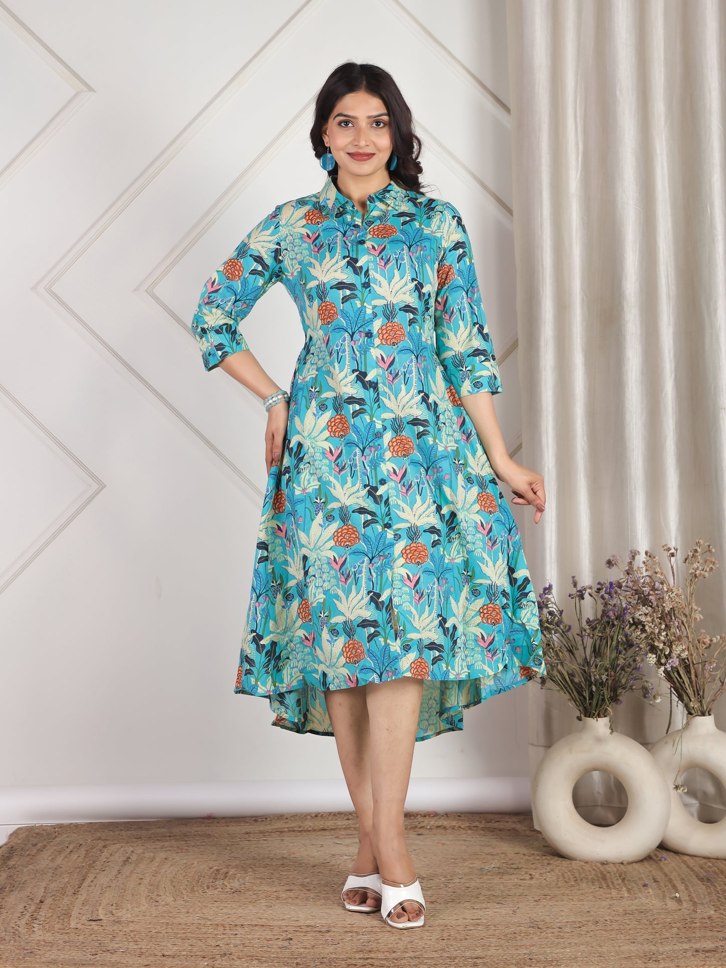 Soft Cotton Foliage Flared Turquoise Dress