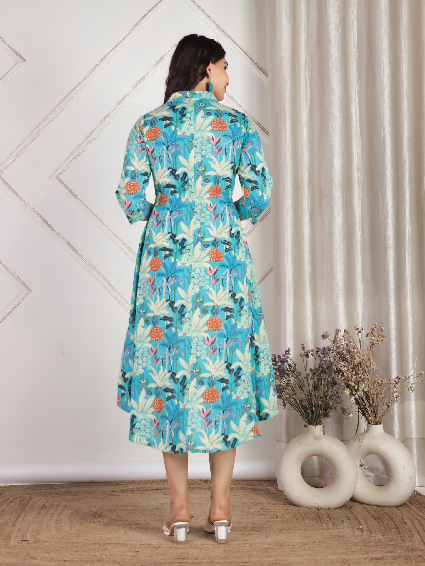 Soft Cotton Foliage Flared Turquoise Dress