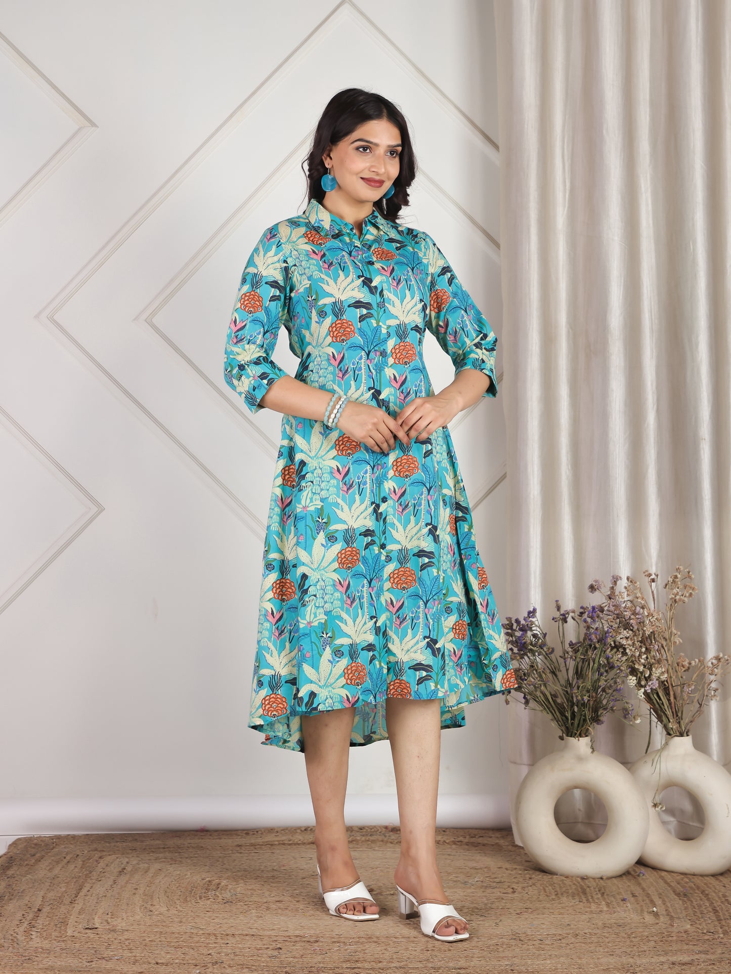 Soft Cotton Foliage Flared Turquoise Dress
