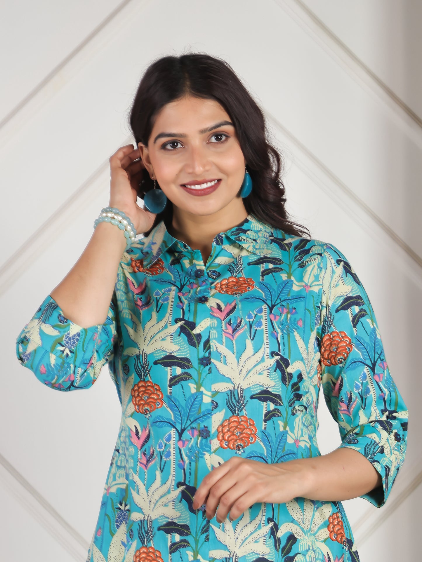 Soft Cotton Foliage Flared Turquoise Dress