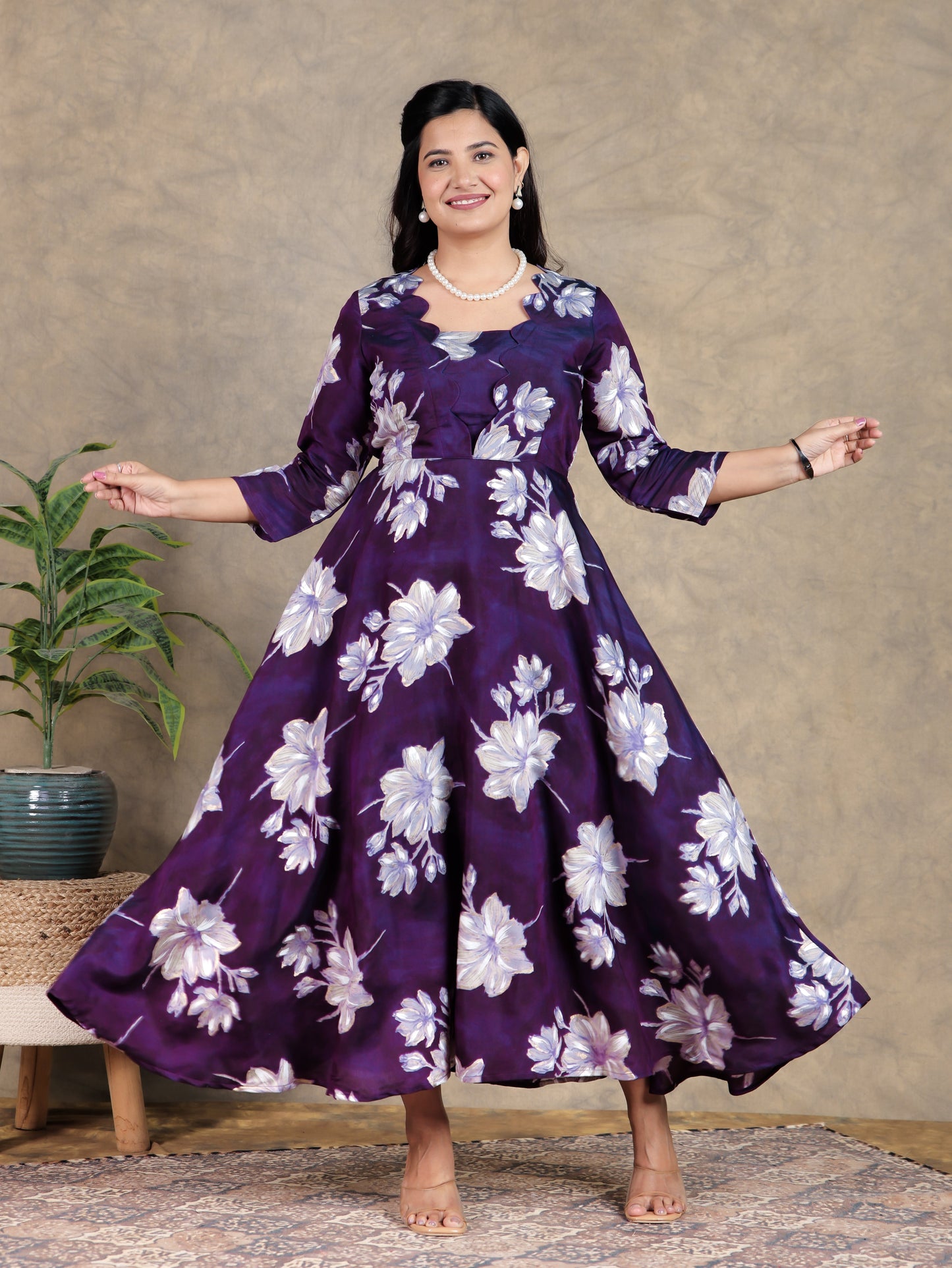Muslin Floral Flared Purple Dress