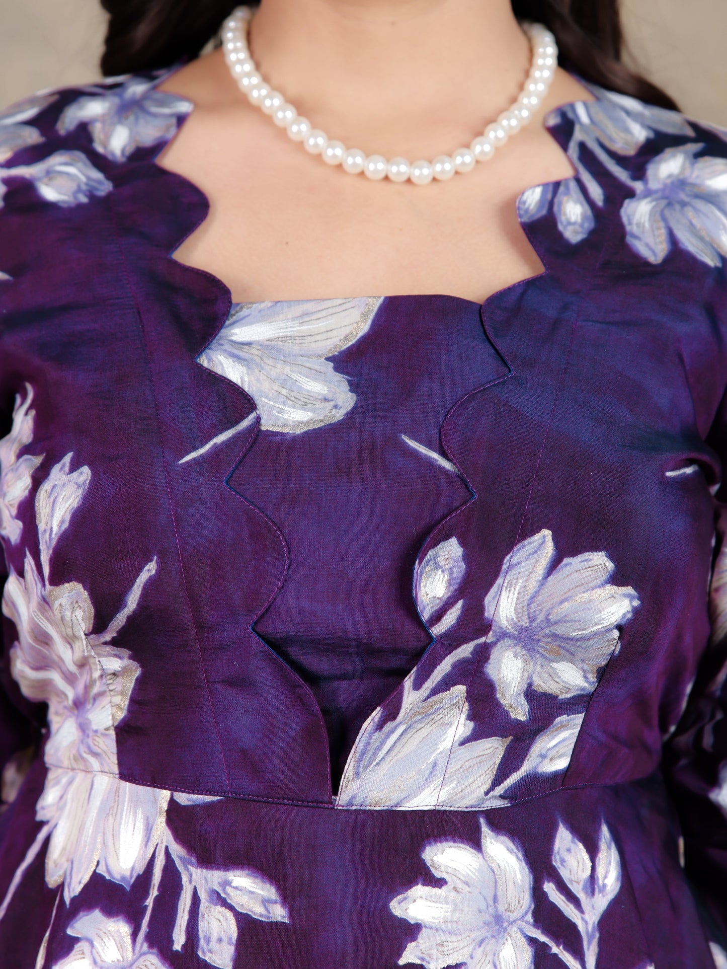 Muslin Floral Flared Purple Dress