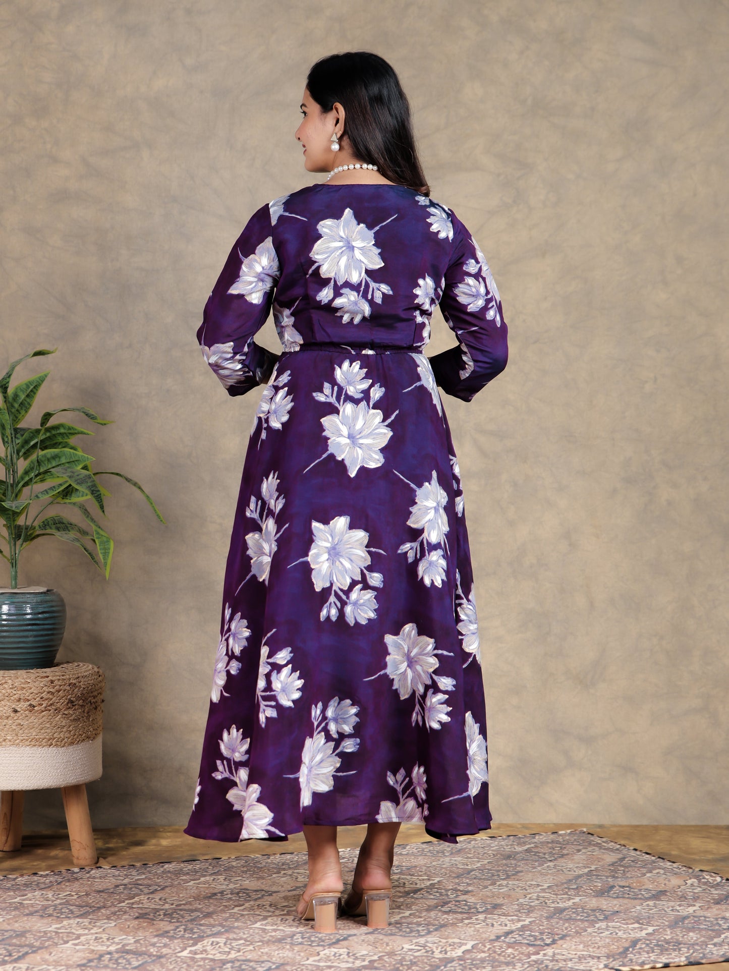 Muslin Floral Flared Purple Dress