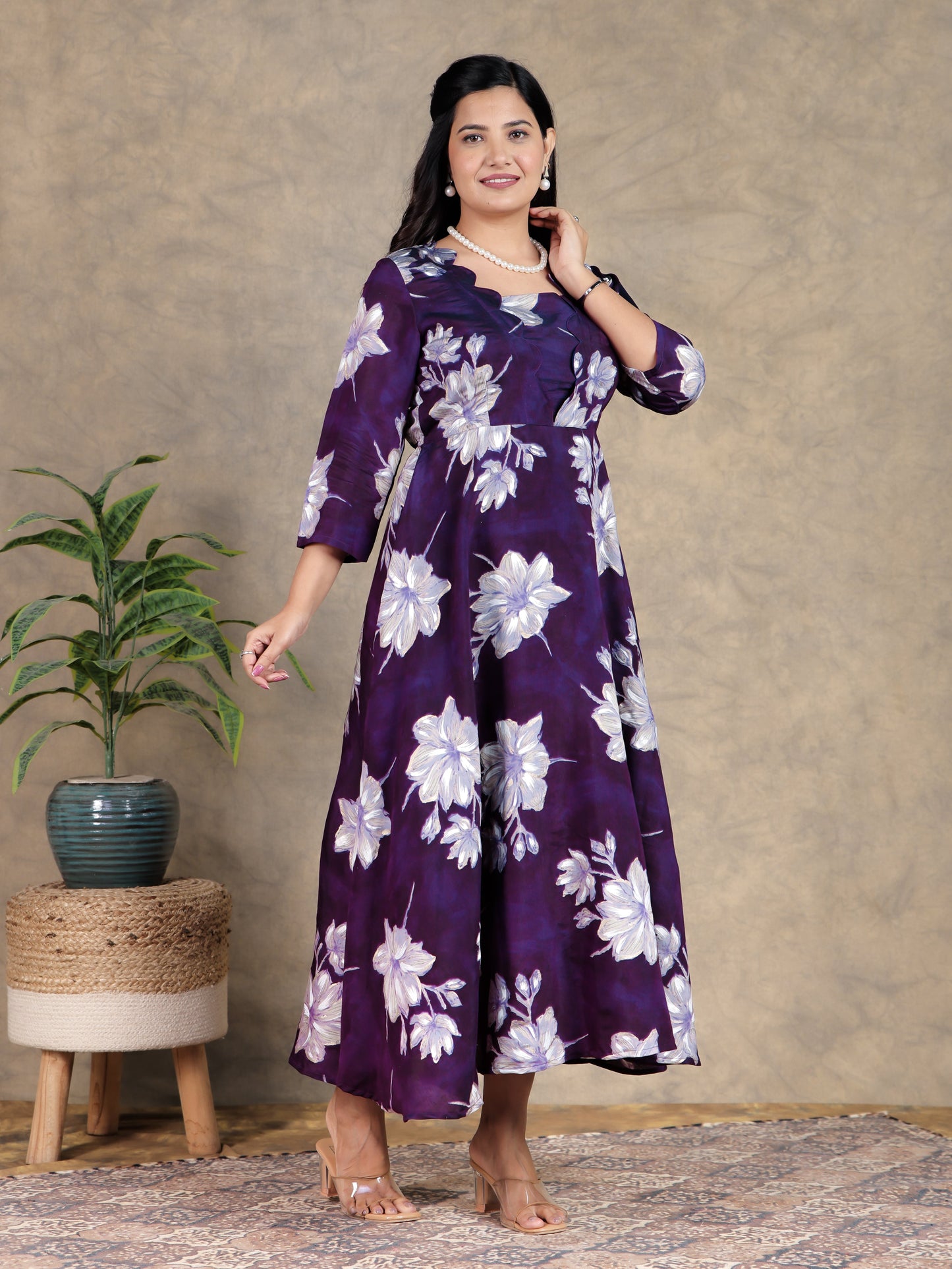 Muslin Floral Flared Purple Dress