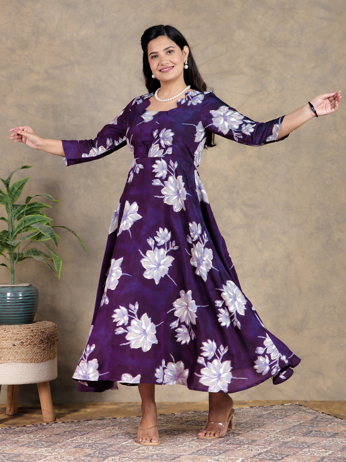 Muslin Floral Flared Purple Dress