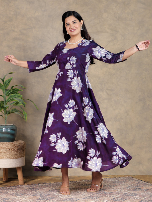 Muslin Floral Flared Purple Dress