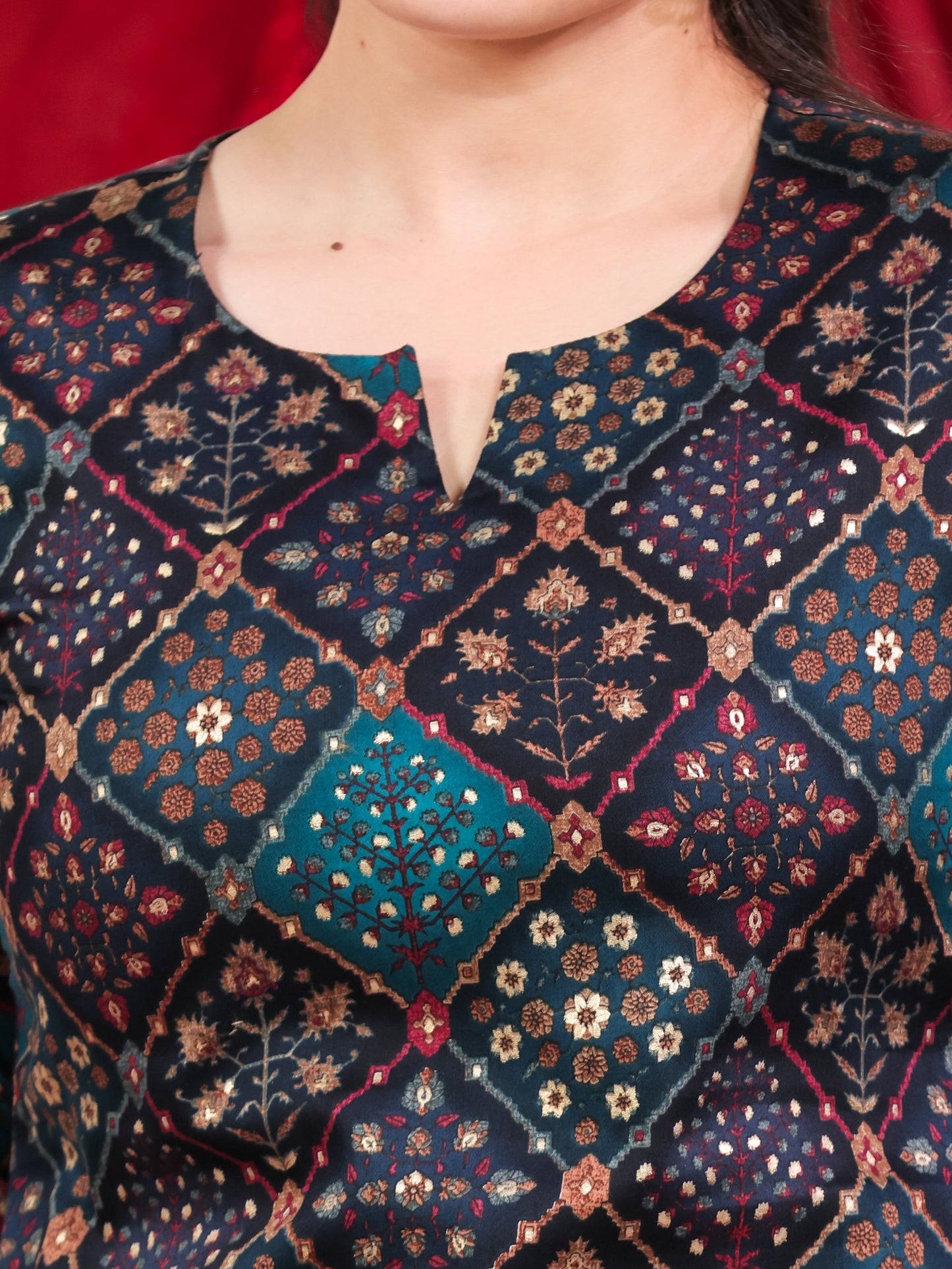 Muslin Geometric Straight Navy Blue Kurta