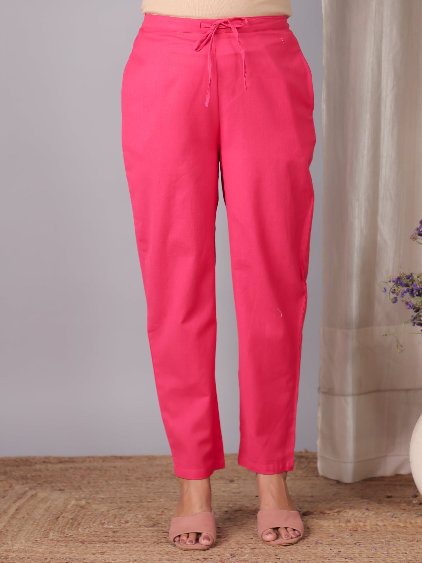 Embroidered Linen Cotton Solid Pink Tapered Trousers