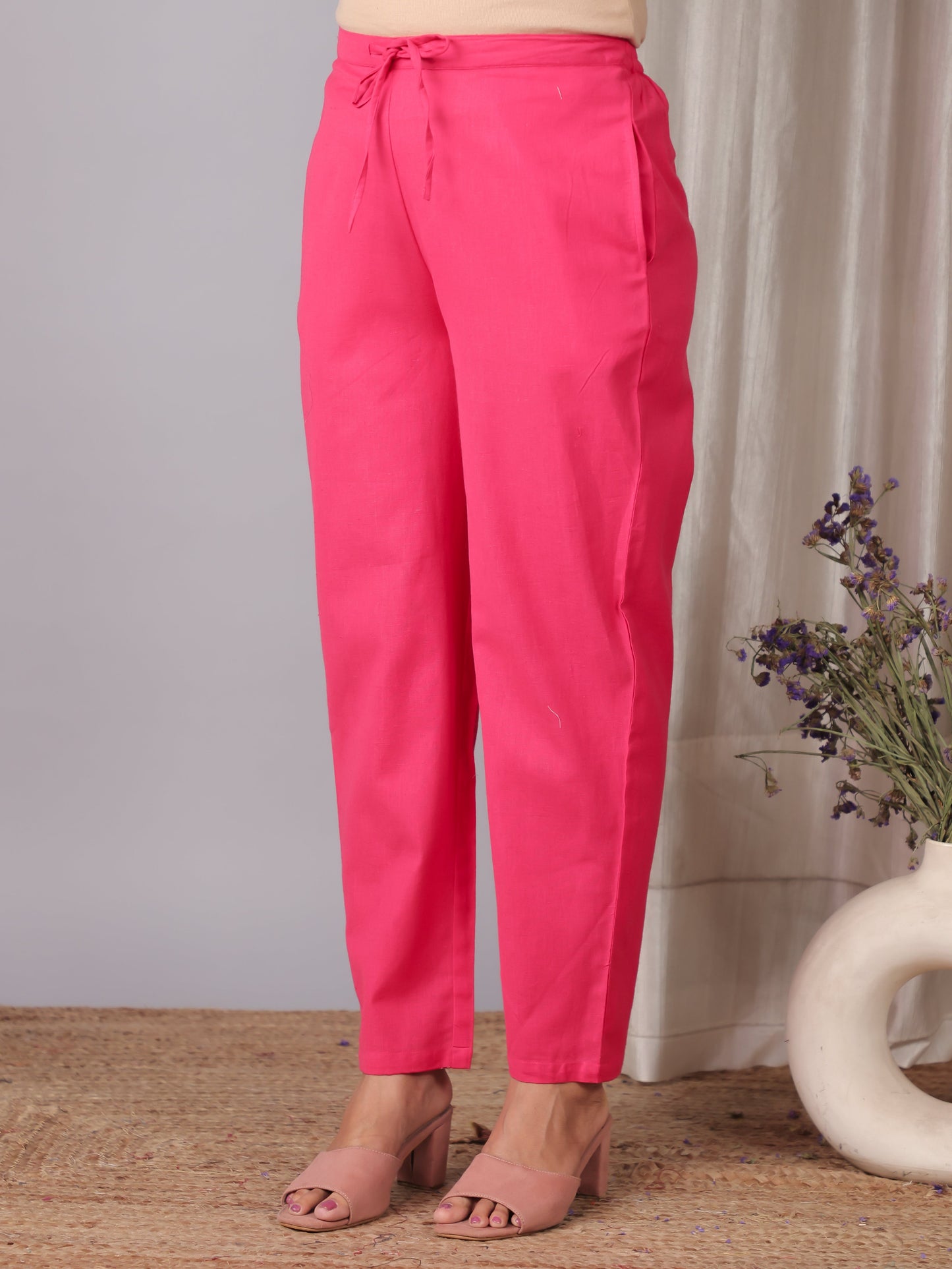 Embroidered Linen Cotton Solid Pink Tapered Trousers