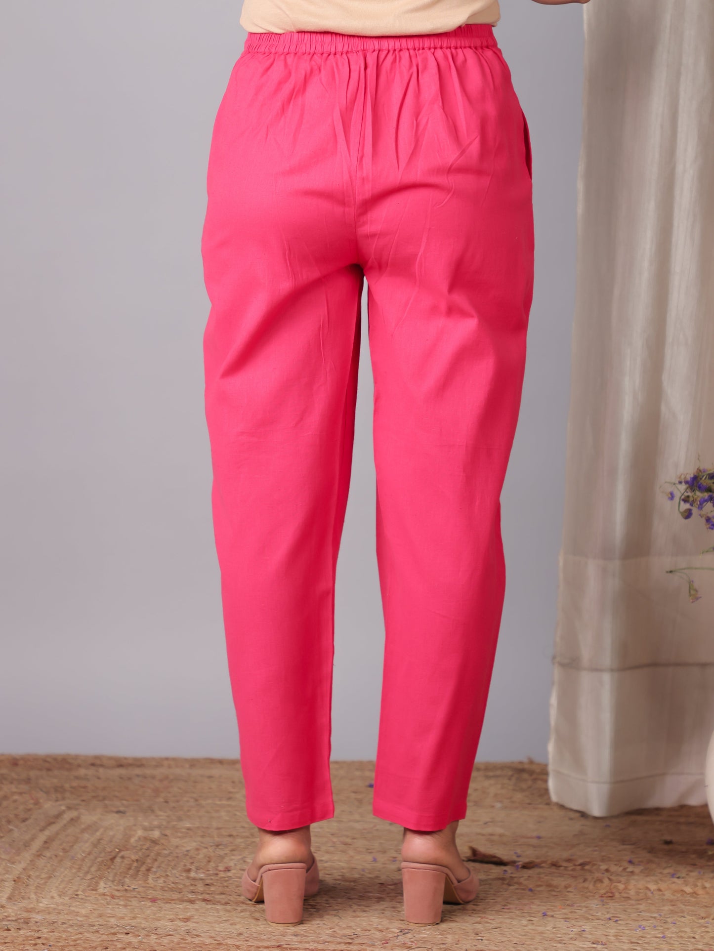 Embroidered Linen Cotton Solid Pink Tapered Trousers