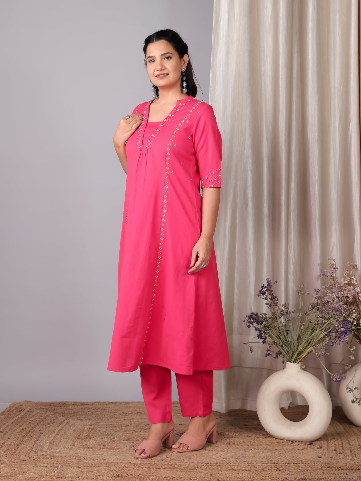 Embroidered Linen Cotton Solid A-line Pink Kurta
