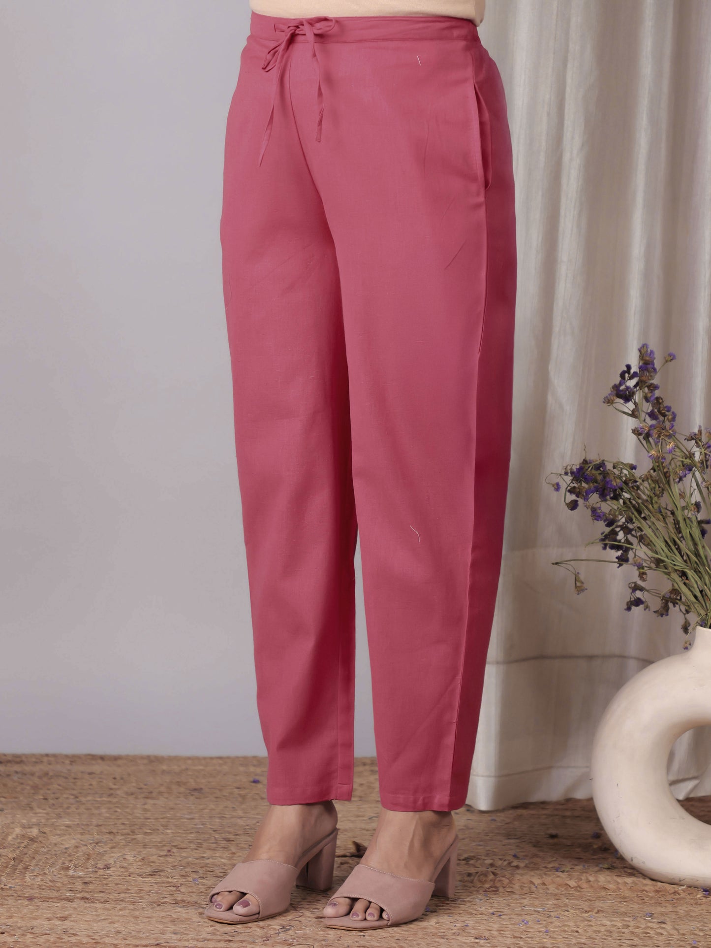 Embroidered Linen Cotton Solid A-line Pink Kurta