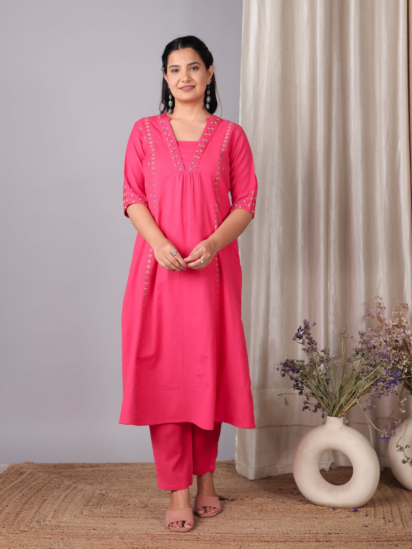 Embroidered Linen Cotton Solid A-line Pink Kurta