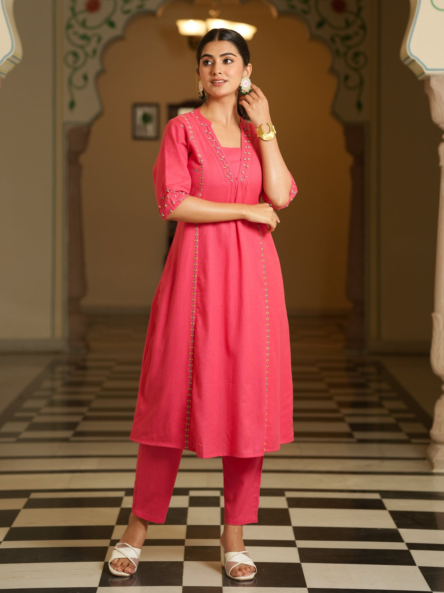 Embroidered Linen Cotton Solid A-line Pink Kurta