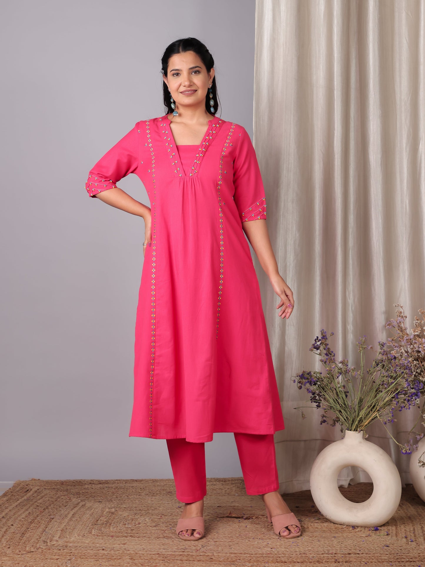 Embroidered Linen Cotton Solid A-line Pink Kurta