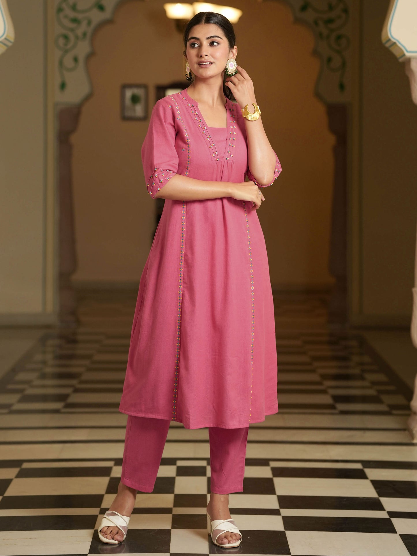 Embroidered Linen Cotton Solid A-line Pink Kurta