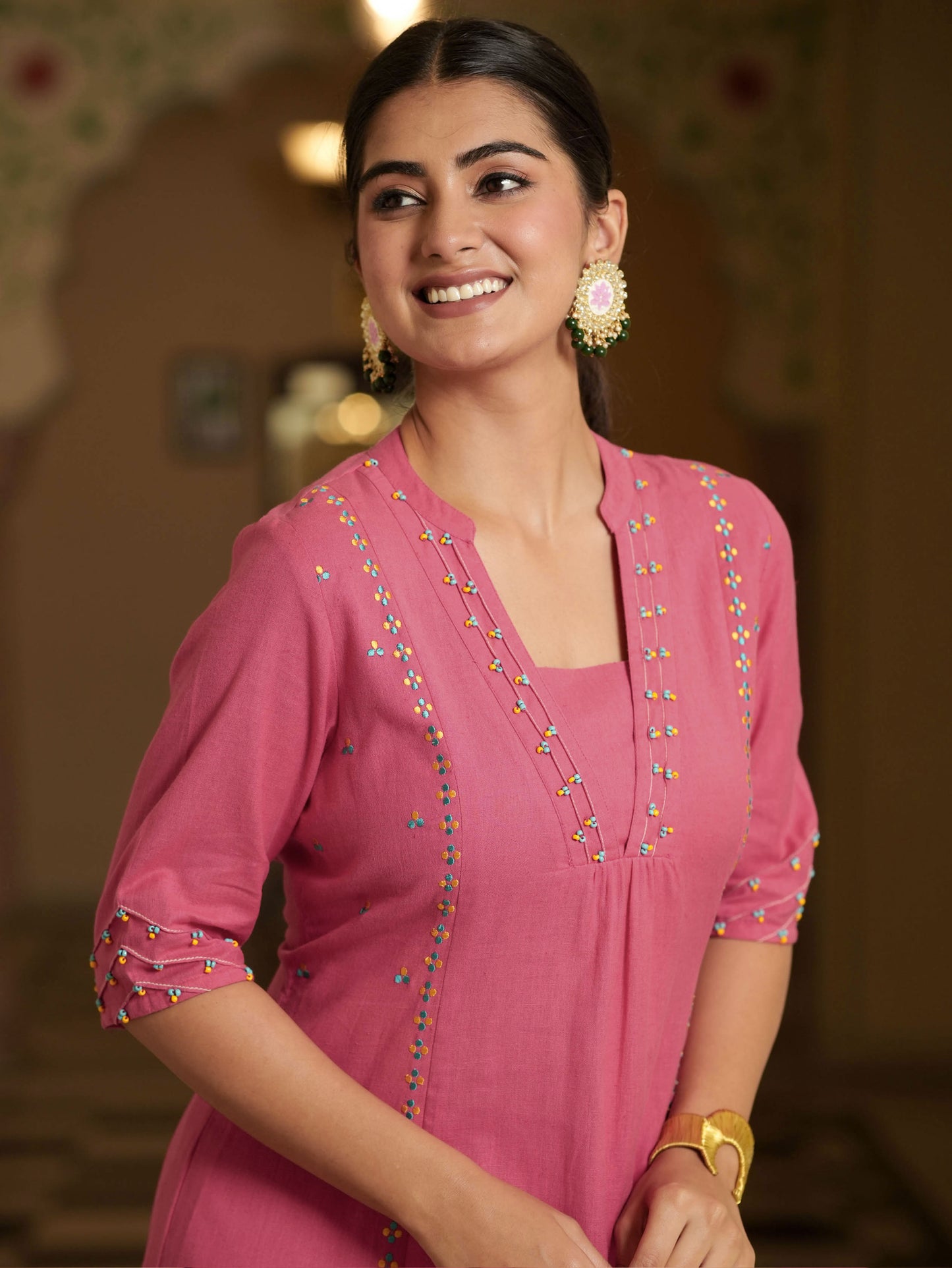 Embroidered Linen Cotton Solid A-line Pink Kurta