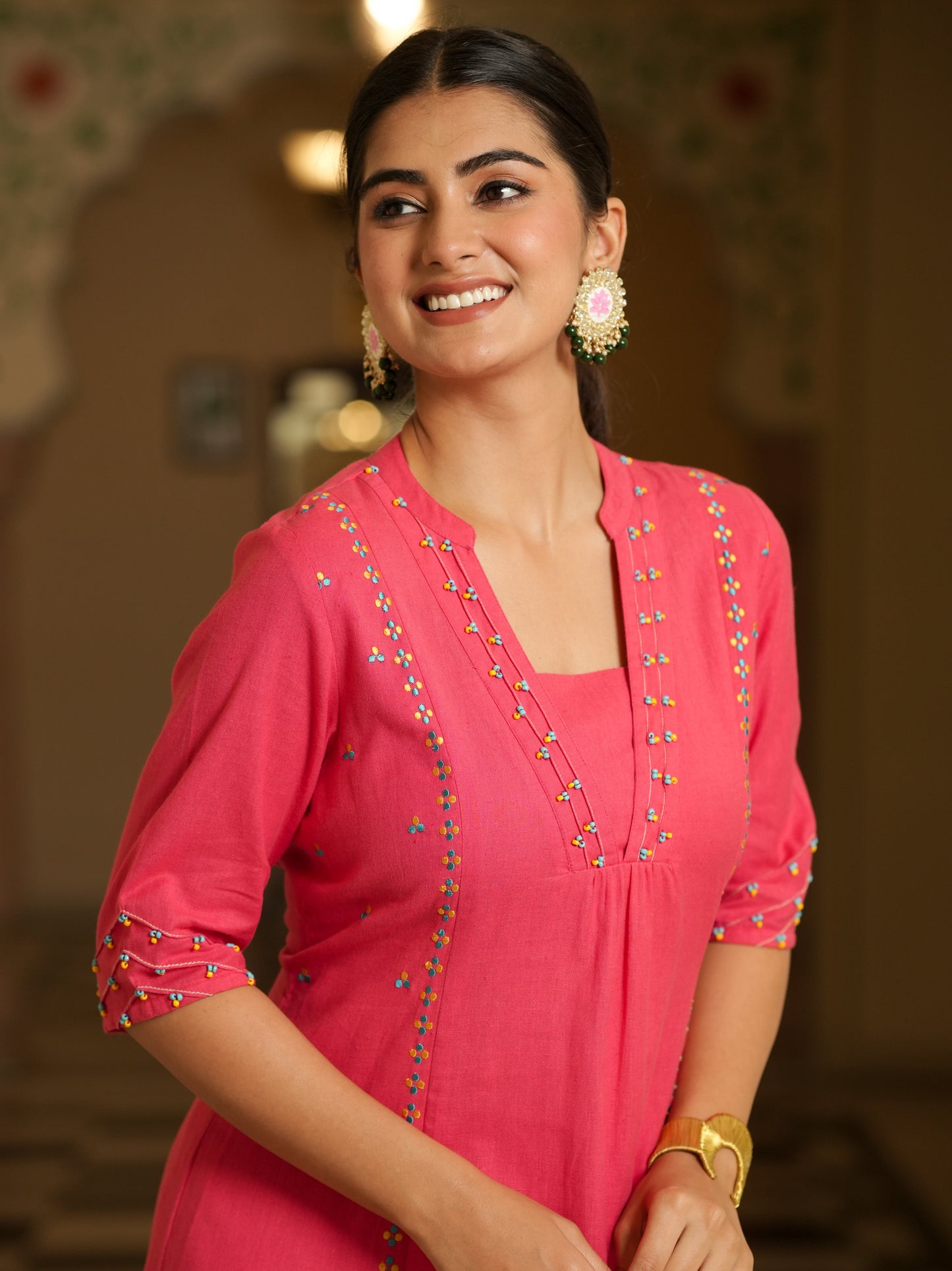 Embroidered Linen Cotton Solid A-line Pink Kurta