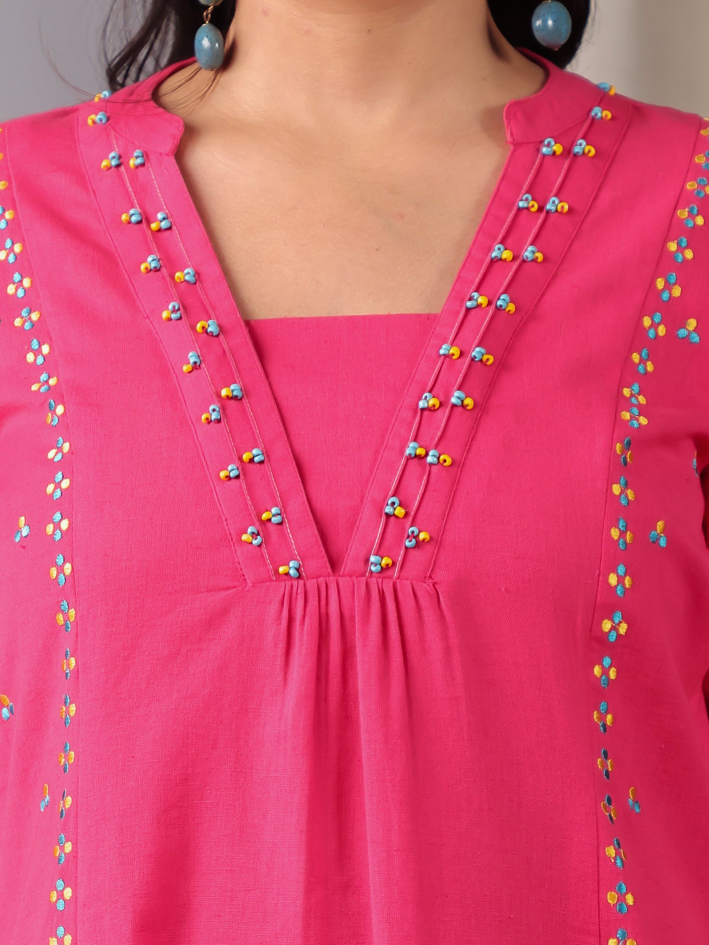 Embroidered Linen Cotton Solid A-line Pink Kurta