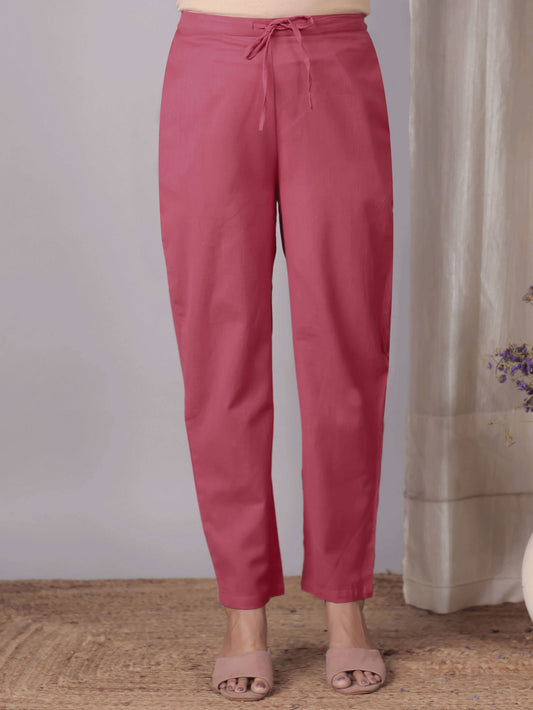 Embroidered Linen Cotton Solid Pink Tapered Trousers